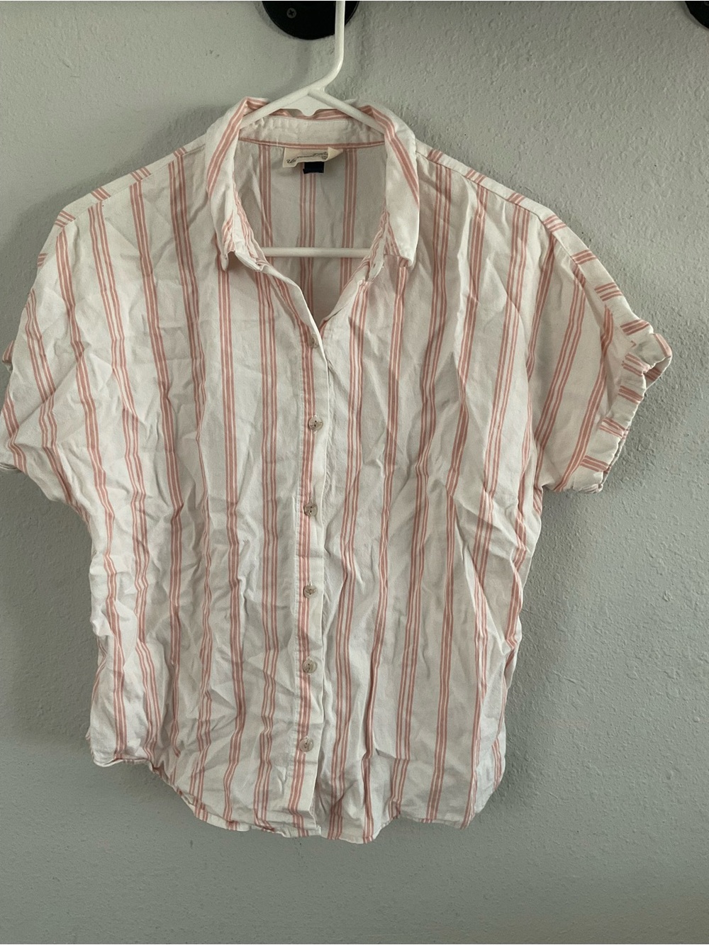 Universal Thread White Button-Down Shirt with Coral Stripes